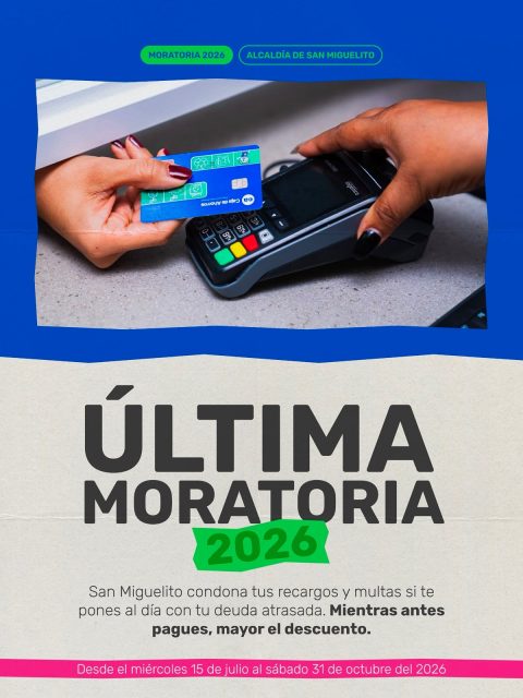 ATENCIÓN 📢
Aprovecha, mientras antes pagues, mayor el descuento. Los arreglos solo son realizados en el Centro de Contribución en la Alcaldía de San Miguelito.
ÚLTIMA MORATORIA 2026 ✅