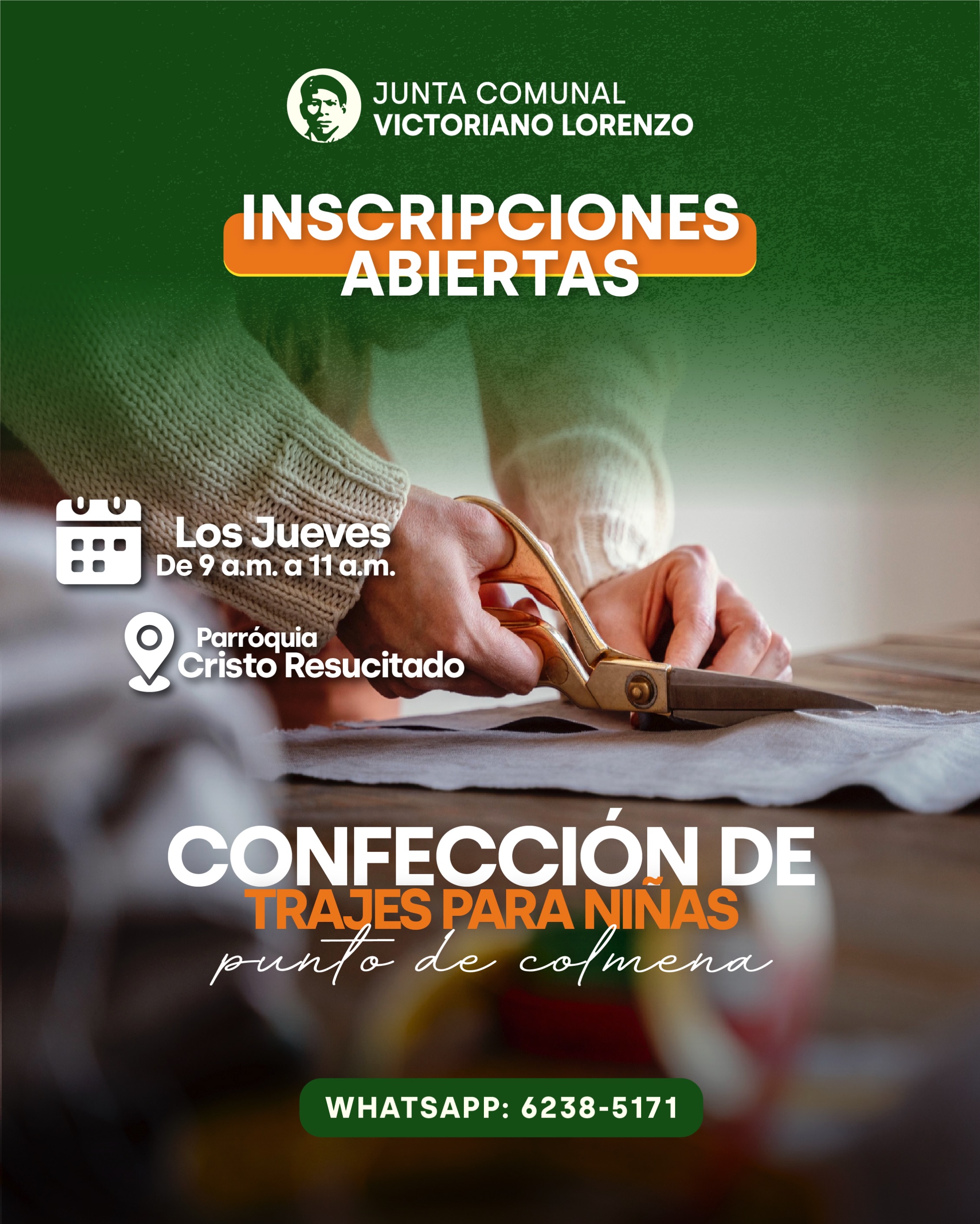 Seguimos creando oportunidades para nuestra comunidad 🌸✅
La Junta Comunal de Victoriano Lorenzo invita a las residentes del corregimiento a participar en el curso de confección de trajes para niñas con la técnica de punto de colmena, un espacio para aprender, desarrollar habilidades y fortalecer la creatividad.
🗓️ Todos los jueves
🕘 Horario: 9:00 a.m. a 11:00 a.m.
📍 Lugar: Parroquia Cristo Resucitado
Seguimos impulsando el aprendizaje y promoviendo espacios que permitan a nuestra comunidad adquirir nuevos conocimientos y desarrollar sus talentos.
Anímate a participar y aprender con nosotros 👌